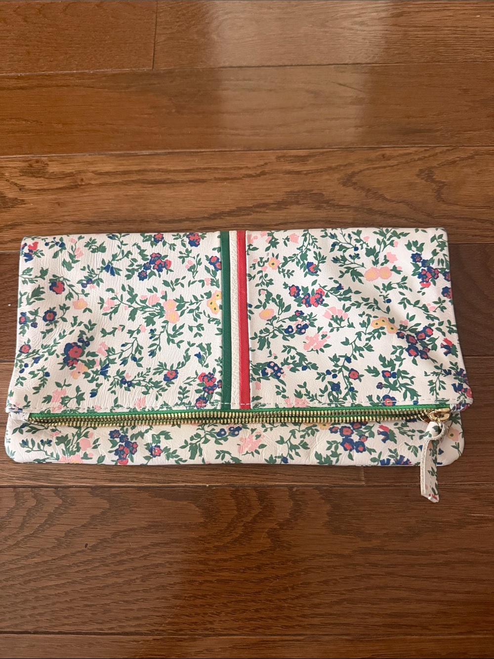 Floral Fold-Over Clutch with Gold Zip and Stripe Detail - White Multi